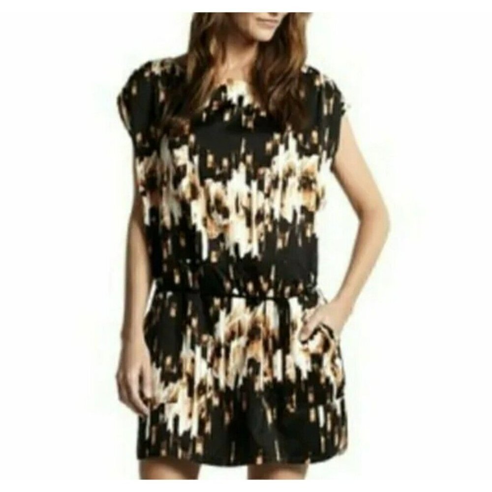DEREK LAM BY DESIGN NATION Floral Tunic Dress Drawstring Waist Black Gold Size S